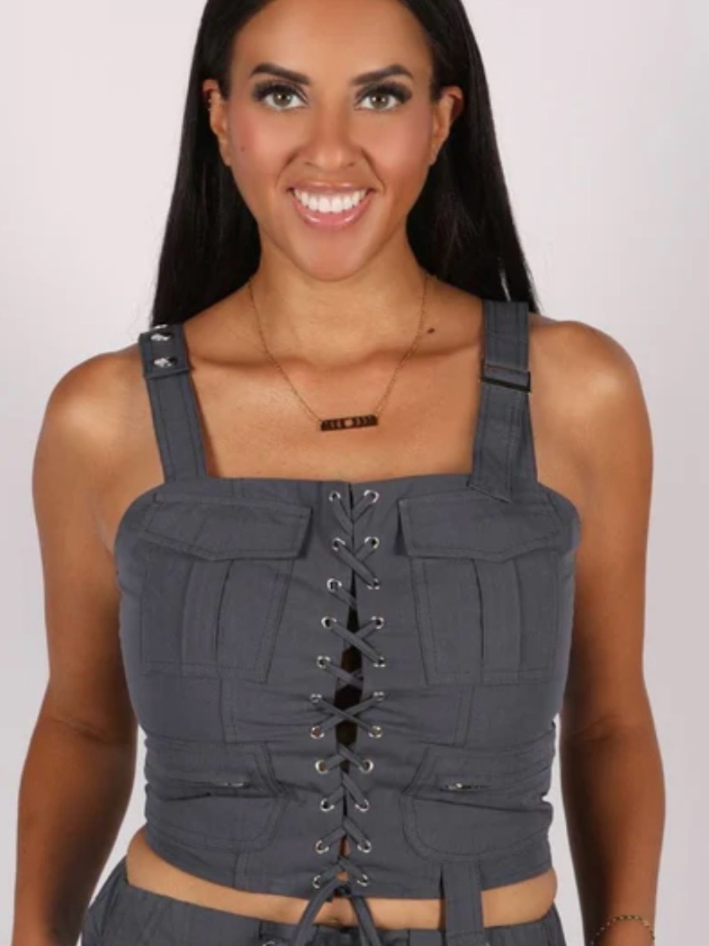 NWT Slate Blue Lace Up Corset Crop Top Small Cargo Utility Grunge Cyber Y2K